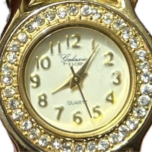 Vtg GALAXIE By ELGIN Goldtone Watch Round Face Crystal Encrusted Bezel Bracelet - Picture 2 of 12